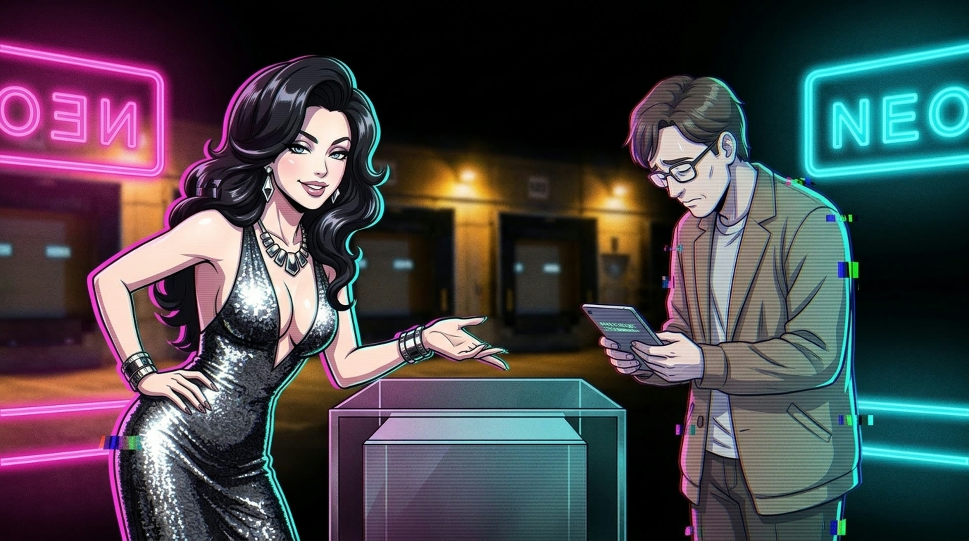 Vera Sloane and Dex Marlowe at the Meatware After Dark anchor desk